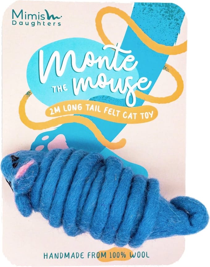 Mimis Daughters Monte De Muis - Kattenspeelgoed - 100% Viltwol - 2 Meter lange staart - 10 cm - Lichtblauw