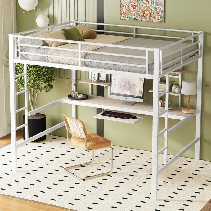 MODFU Hoogslaper 140x200 cm van metaal en MDF – wit – met bureau en 2 boekenkasten – EN747 gecertificeerd