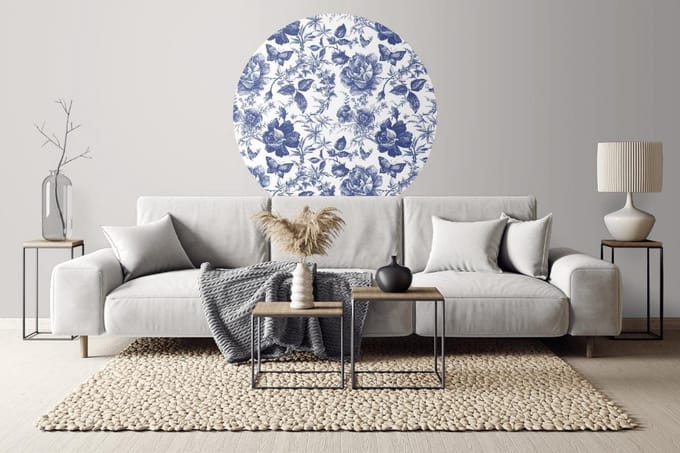 Behangcirkel 60cm Delfst blauwe rozen