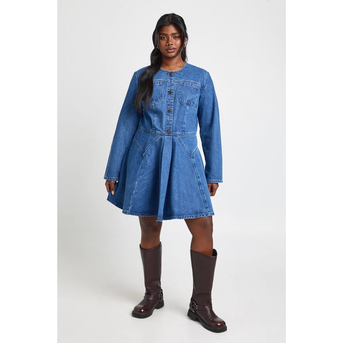 boohoo Dames Plus Denim Knoop Skater Jurk | Medium Blauw | Maat: 44