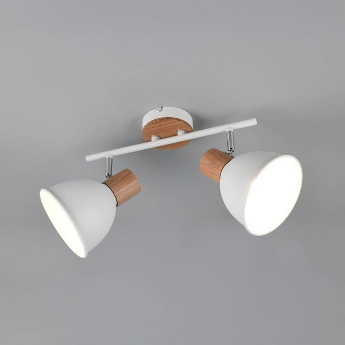 Reality Leuchten Plafondlamp Delume, wit, lengte 49 cm, 2-lamps, metaal/hout