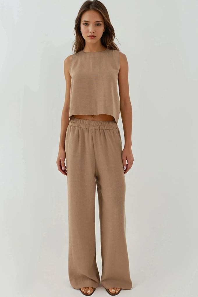 Linnenlook Blouse & Elastische Taille Broek Twee-delige Coördinatie Set