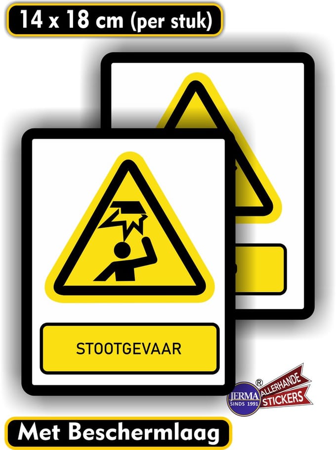 Jerma - Stootgevaar - Sticker - ISO 7010 - Set 2 st - 14 x 18 cm - Weerbestendig - Zelfklevend -