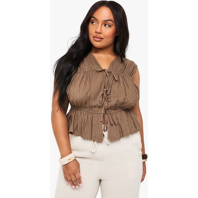 boohoo Dames Plus Tie Front Peplum Linnen Gestreept | Kaki | Maat: 54