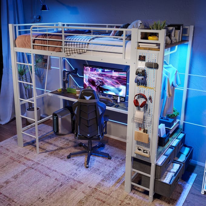 Hoogslaper 90x200 - Met Bureau, 4 Laden, Ledstrip, USB/Type-C, Kledingrek En Pegboard - Wit - Zonder Matras