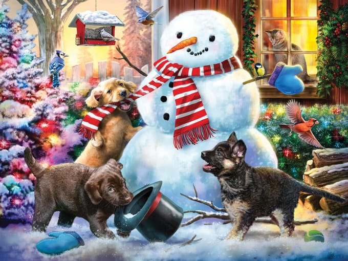 Kerst Hoge Kwaliteit Legpuzzel 550 Stukken met Sneeuwpop en Puppies