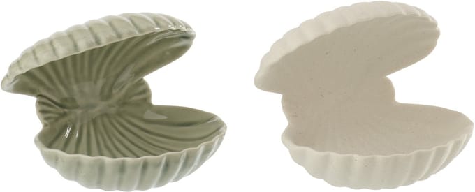 J-Line decoratie Schelp Open - keramiek - wit/olijfgroen - 2 stuks