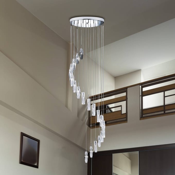 Searchlight Gebeeldhouwde Ice hanglamp, 9-lamps, chroom/helder, glas, G4