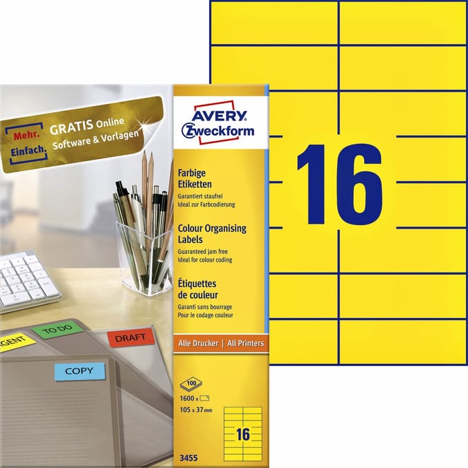 Avery Gekleurde Etiketten, geel, 105,0 x 37,0 mm, permanent klevend