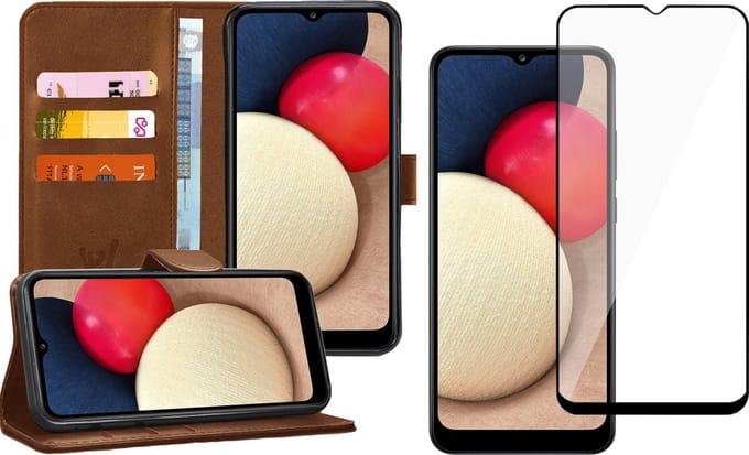 Hoesje geschikt voor Samsung Galaxy A02s - Screen Protector FullGuard - Book Case Kunstleer Pasjeshouder Bruin & Screenprotector