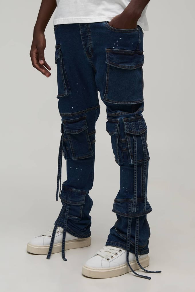 Gewassen Gestapelde Flared Cargo Jeans Met Banddetail | Dark Wash | Size 32R