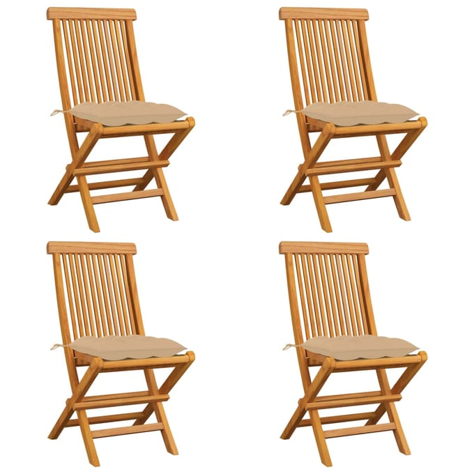 vidaXL - Opklapbare - stoelen - met - beige - kussens, - 4 - stuks, - massief - teakhout