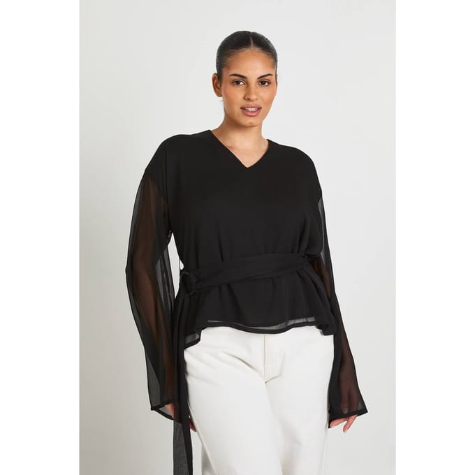 boohoo Dames Plus Maat Chiffon Wikkel Top Met Gouden Bies | Zwart | Maat: 48