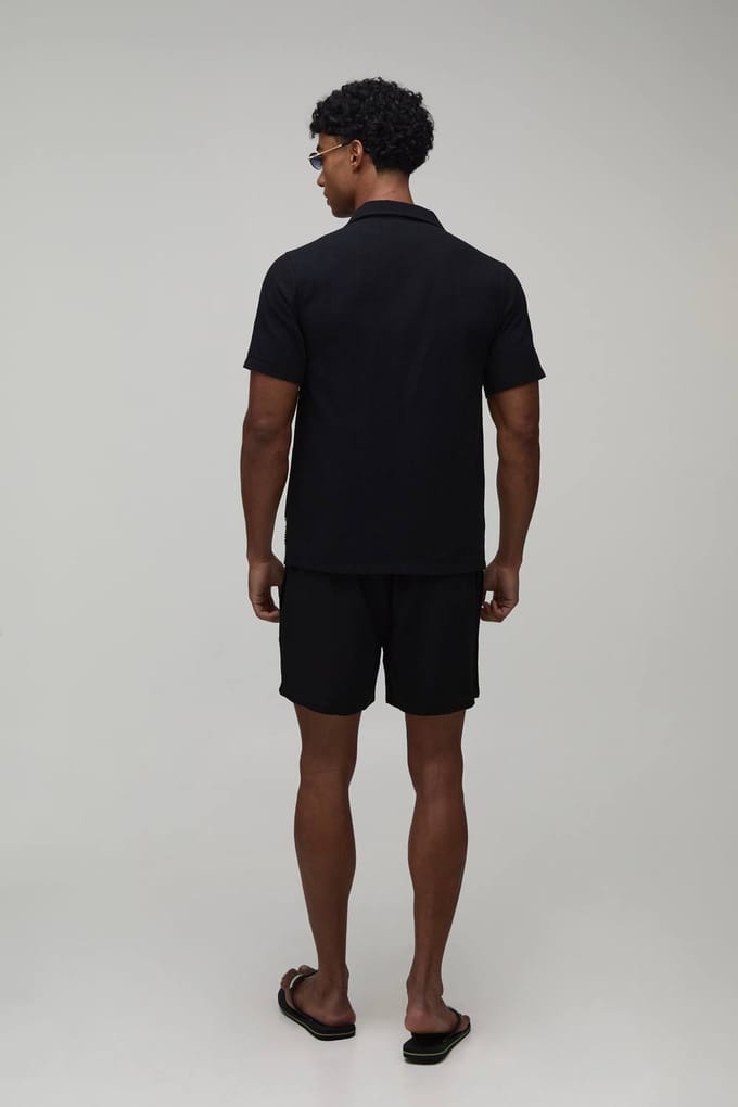 Relaxed Fit Linen Blend Boxer Style Embroidered Short | Black | Size Small