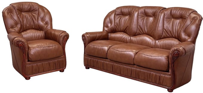 Vente-unique Driezitsbank en fauteuil DAPHNE van 100% buffelleer - Bruin