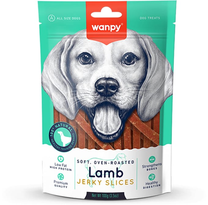 3x100 gr Wanpy soft oven-roasted lamb jerky slices hondensnack