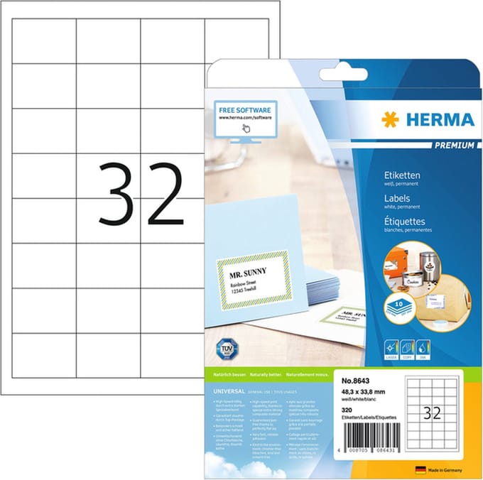 Etiket herma 8643 48.3x33.8mm premium wit 320st | 70 stuks