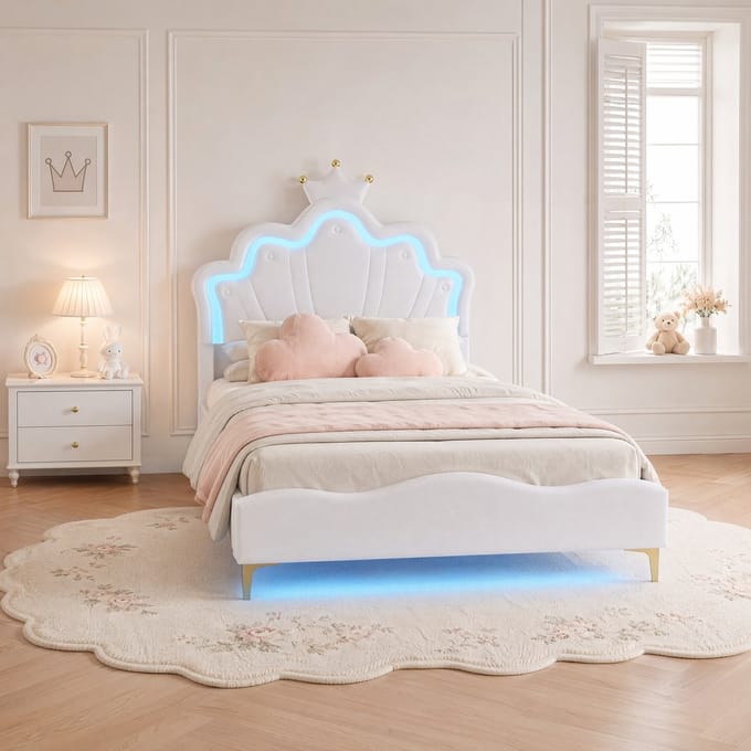 Kinderbed 140x190 cm prinsessenbed wit met kroon hoofdbord en LED verlichting
