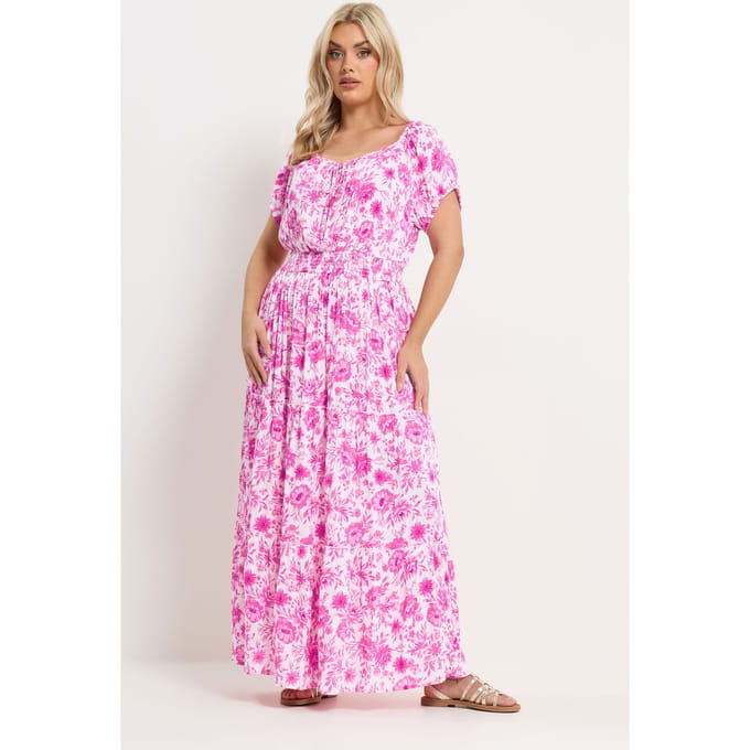 Yours Roze Maxibardotjurk Met Bloemenprint En Striksluiting Size 44