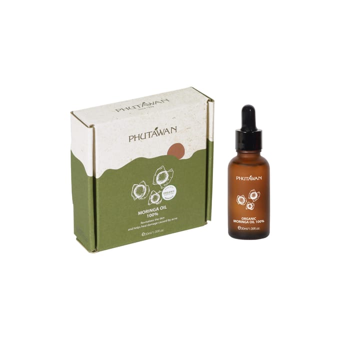 Phutawan Biologische Moringa Olie 100%, Revitaliseert de huid en helpt schade veroorzaakt door acne te herstellen 5 ml. white