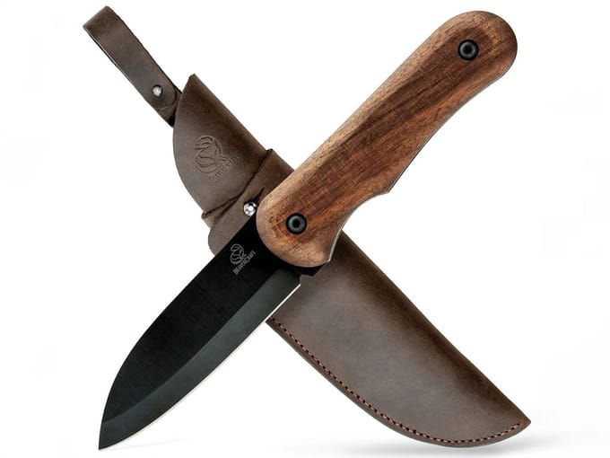 BeaverCraft BSH5 Shadow – Compacte Bushcraftmes met Walnotenhouten Handvat en Leren Schede