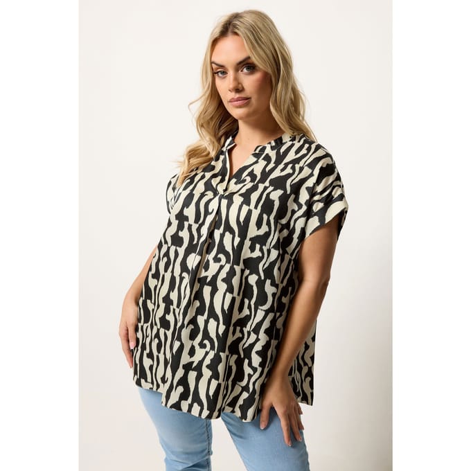 Yours Zwarte Blouse Met Abstracte Print En Plooien Size 42