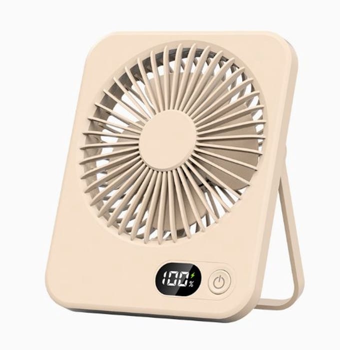 Draagbare bureauventilator USB oplaadbaar - 180° kantelbaar vouwmodel - batterijscherm - 5 snelheden - ultradun stil - Beige