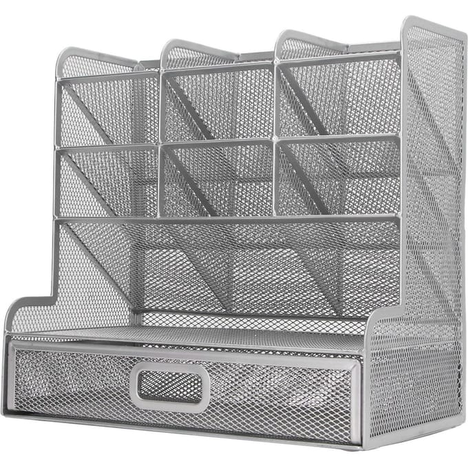 Mesh Pennenbak 9 Vakken met 1 Uitschuiflade Staande Opbergruimte IJzer Multifunctionele Pen gray