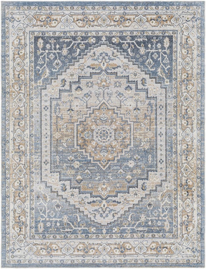 SURYA Jennifer vloerkleed wasbaar oosters vintage blauw gebroken wit