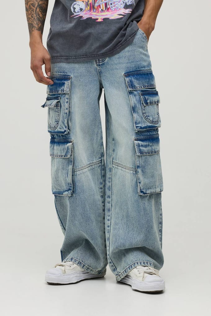 Gewassen Baggy Cargo Jeans Met Meerdere Zakken | Stonewash | Size 36R