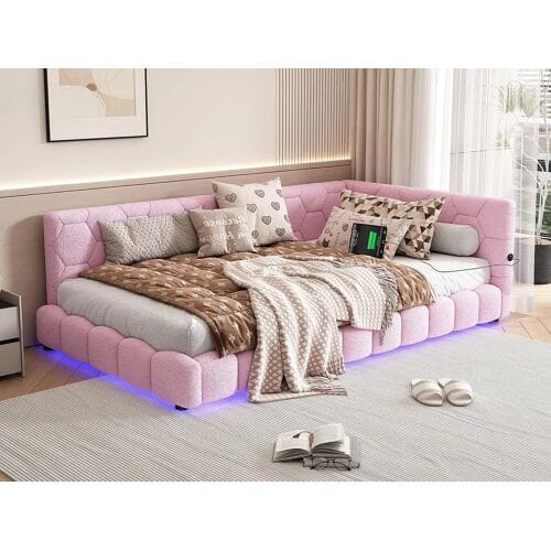 ModernLuxe Slaapbank 90x200 cm van imitatiebont in schapenvachtlook - Met LED en USB-poort - Roze