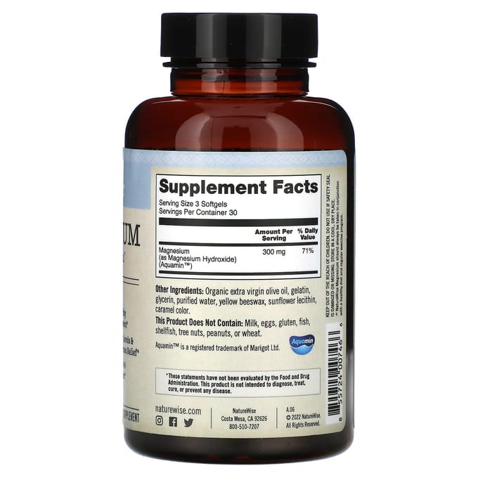 NatureWise, Magnésium, 300 mg, 90 gélules (100 mg par gélule)
