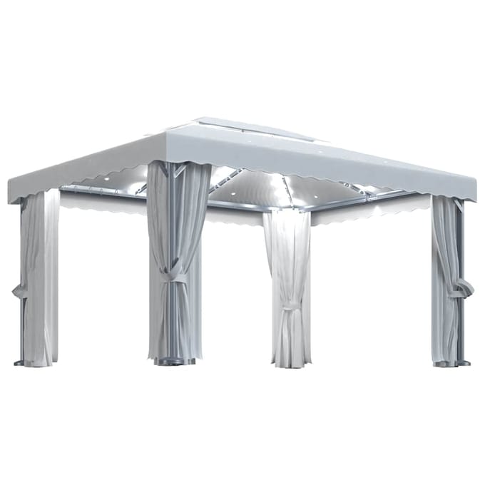 vidaXL - Prieel - met - gordijn - en - LED-lichtslinger - 4x3 - m - crèmewit