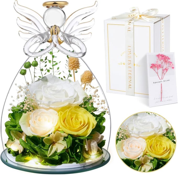 Eeuwige Roos - Geconserveerde Bloem - Cadeau Vrouw - Met Glazen Engel - 14x14x19 cm - Wit