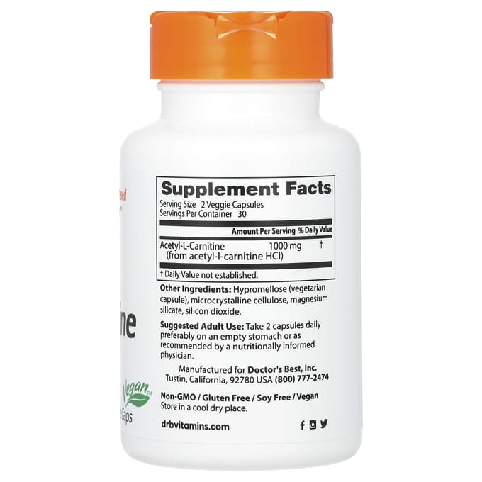Doctor's Best, Acetyl-l-Carnitine, 1.000 mg, 60 vegetarische capsules (500 mg per capsule)