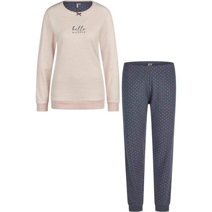 By Louise Dames Winter Pyjama Set Lang Interlock Roze Gestreept - Maat XL