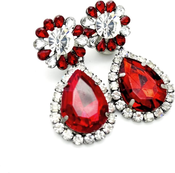 oorstekers - bloem met hanger en strass - rood