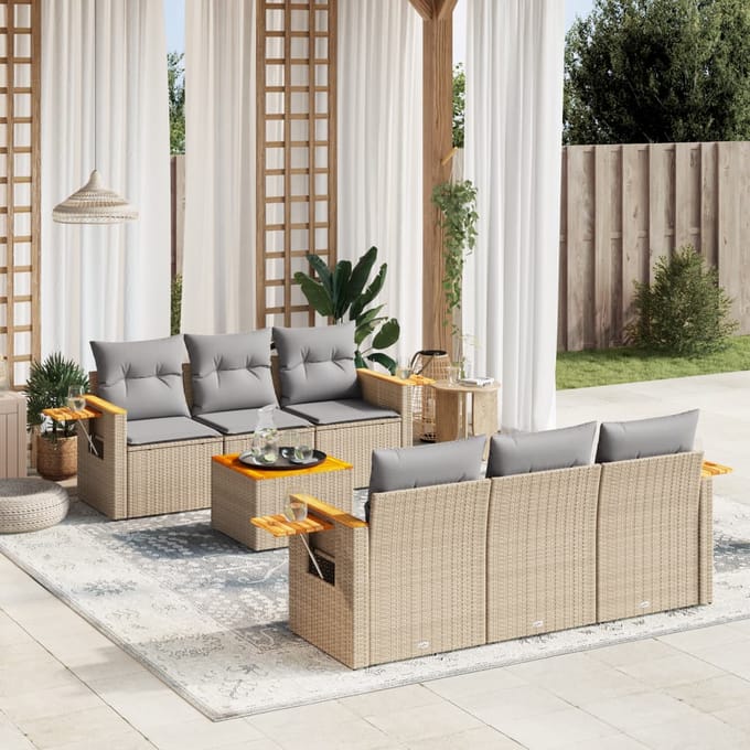 vidaXL - 7-delige - Loungeset - met - kussens - poly - rattan - beige