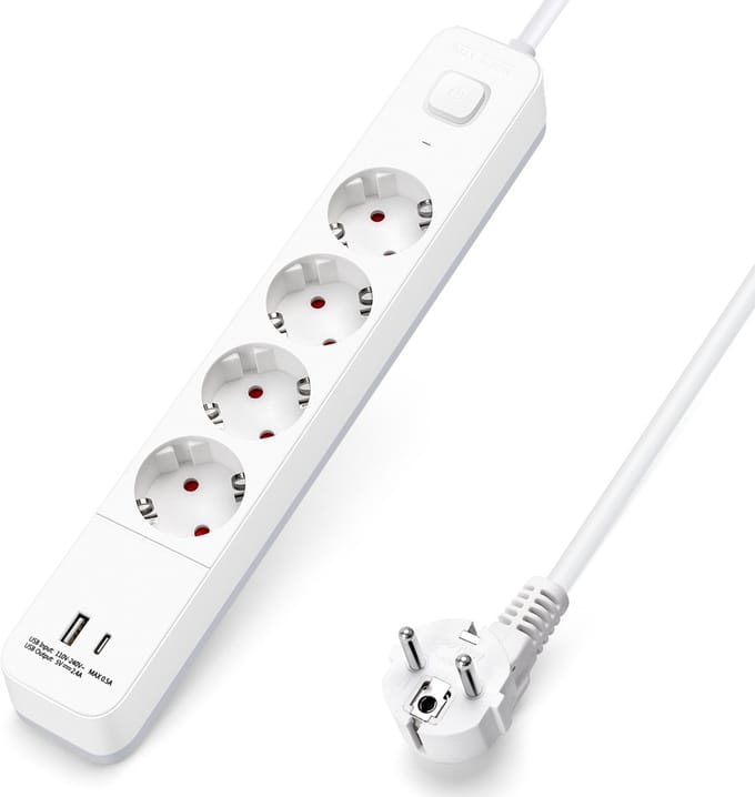 Aigostar 20BW2 - Stekkerdoos met Schakelaar - 4-voudig - USB-C + USB-A - 5 Meter Verlengsnoer - Randaarde - Wit