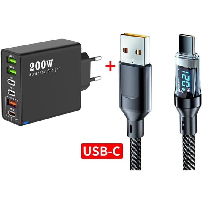 6 in 1 Totaal 200W USB Type C Mobiele Telefoon Oplader USB3.0 PD3.0 Supersnel Opladen Stroomadapter voor iPhone Xiaomi Samsung eu plug zwart