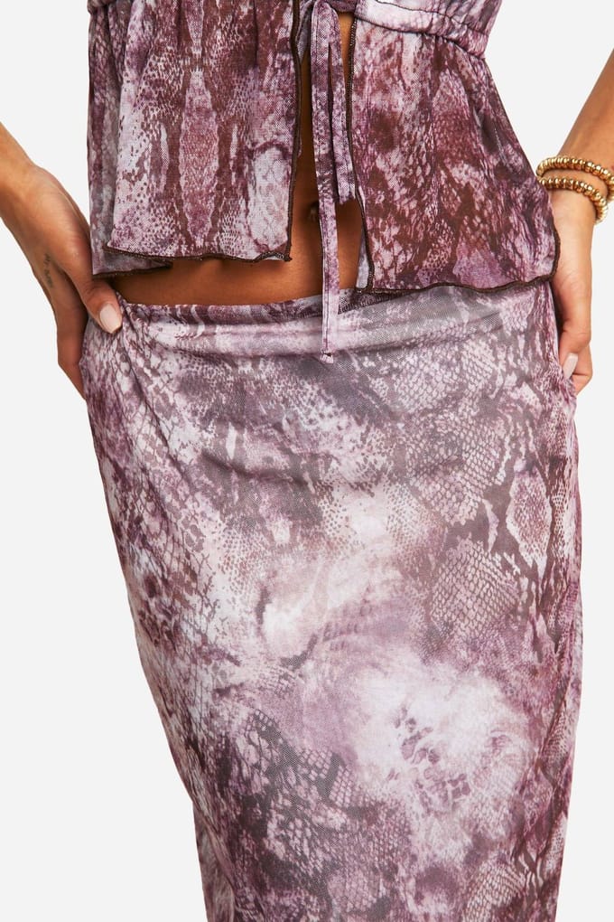 boohoo Dames Midaxi-rok met slangenprint van mesh, lage taille | Violet | Maat: 36