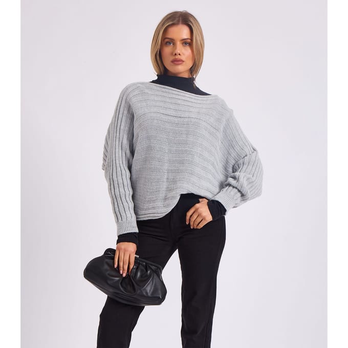 Gestreepte gebreide oversized trui met vleermuismouwen