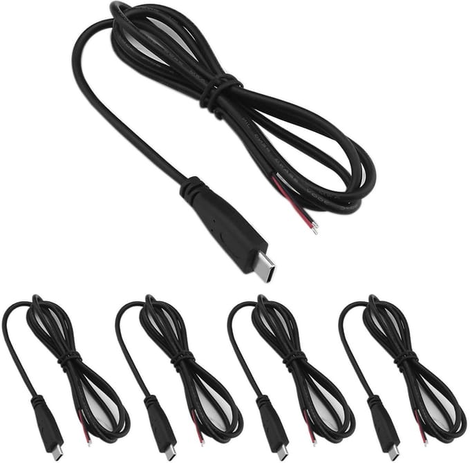 Pack van 5 USB C Plug Kabels 22AWG 5V 3A 2-Draad USB C Verlengkabel (1m) voor Arduino en LED Strips