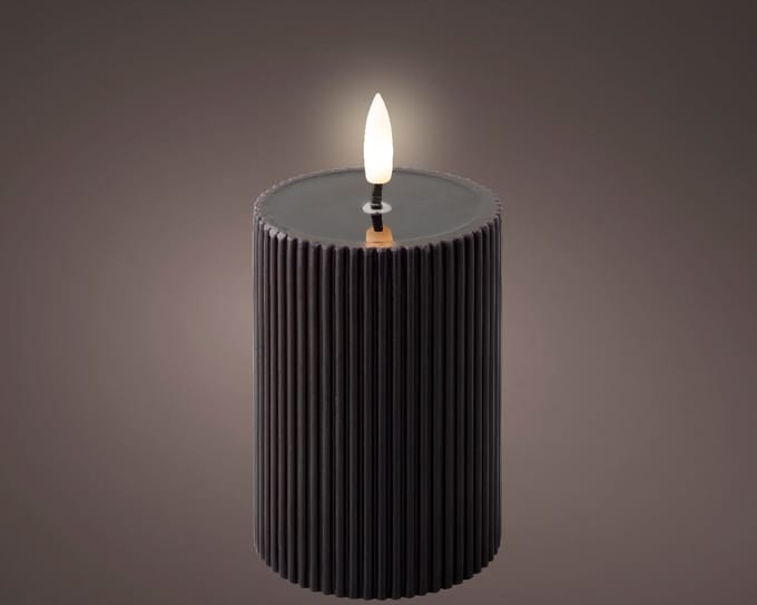 LED ribbel wax kaars zwart met vlam-effect - ø7 x13 cm