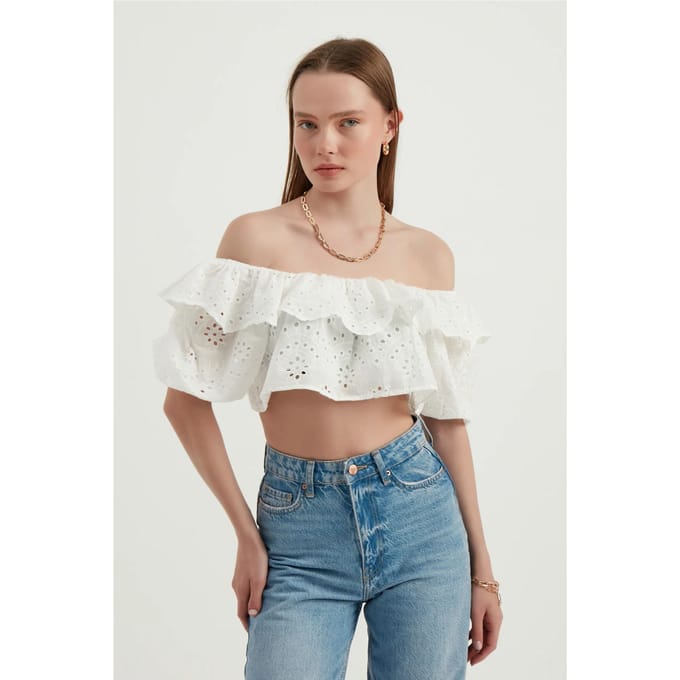 Avondtop met Off Shoulder, Rimpeltop, Korte Mouwen en Ballonmouwen