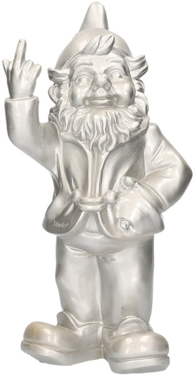 Stoobz design Tuinkabouter - zilver - fuck you middelvinger - 30 cm