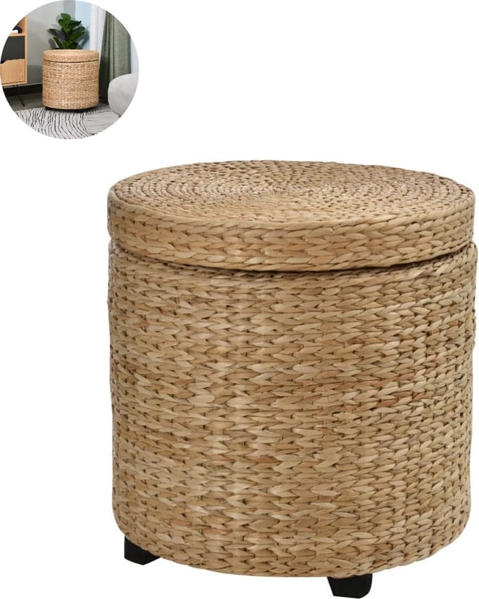 Poef Met Opbergruimte - Poef Opbergbox - Stro Rotan - Kaki