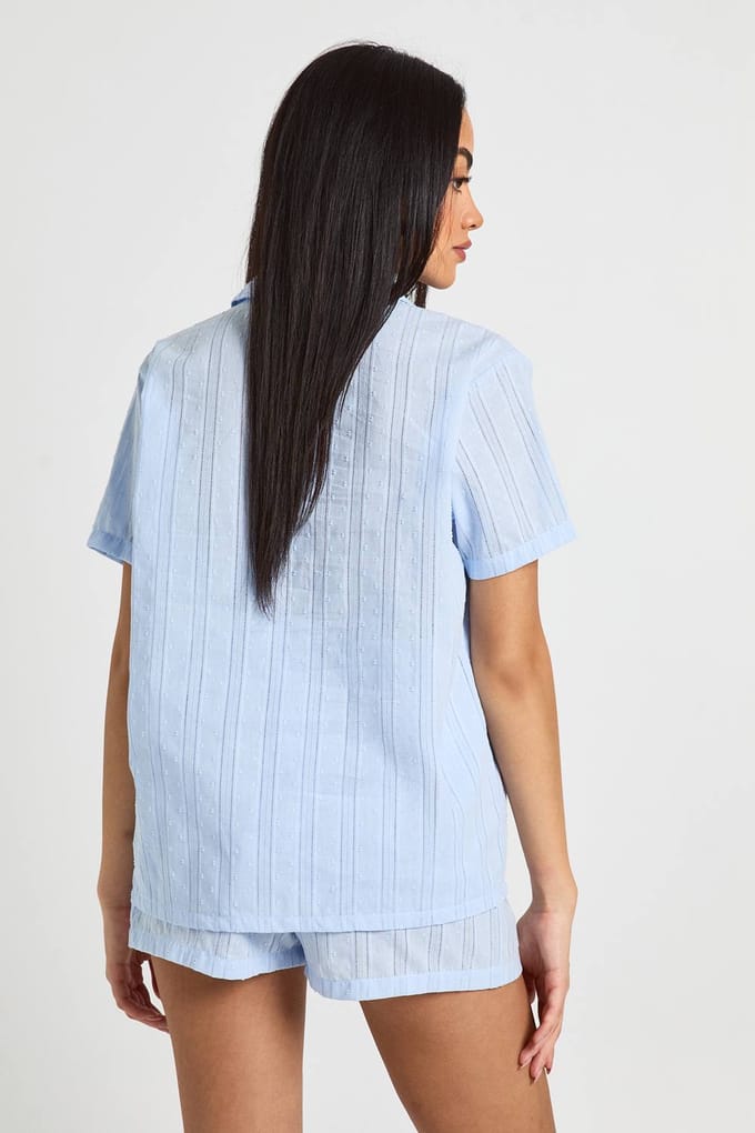 boohoo Dames Katoenen Dobby Korte Mouw Shirt & Korte Pyjama Set | Lichtblauw | Maat: 34