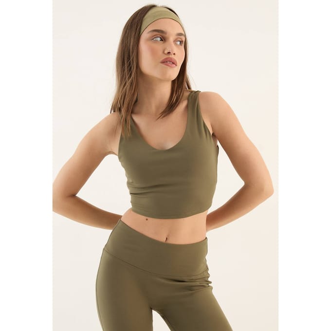 Dames DSGN Studio Ultra Sculpt Longline Plunge Sport-BH | Olive | Maat: Large