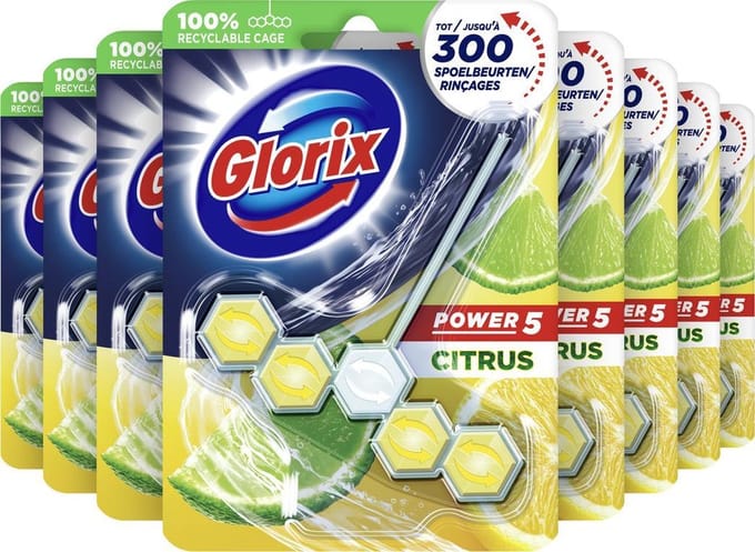Glorix Power 5 WC Blokjes - Citroen - 9 stuks - Voordeelverpakking